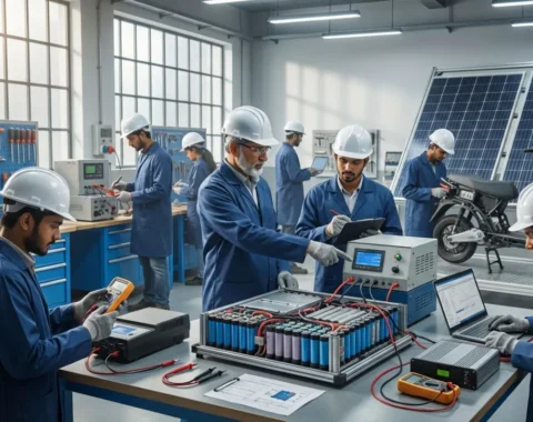 EV training course India students working on electric vehicle components in lab