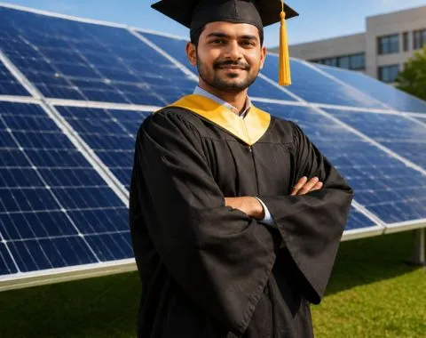 Solar installation training India with students working on rooftop solar panels