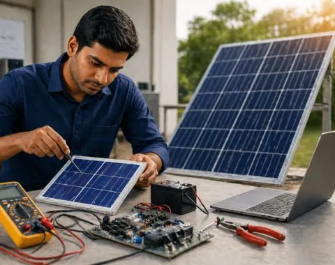 Renewable energy classroom training India with instructor teaching solar EV battery concepts