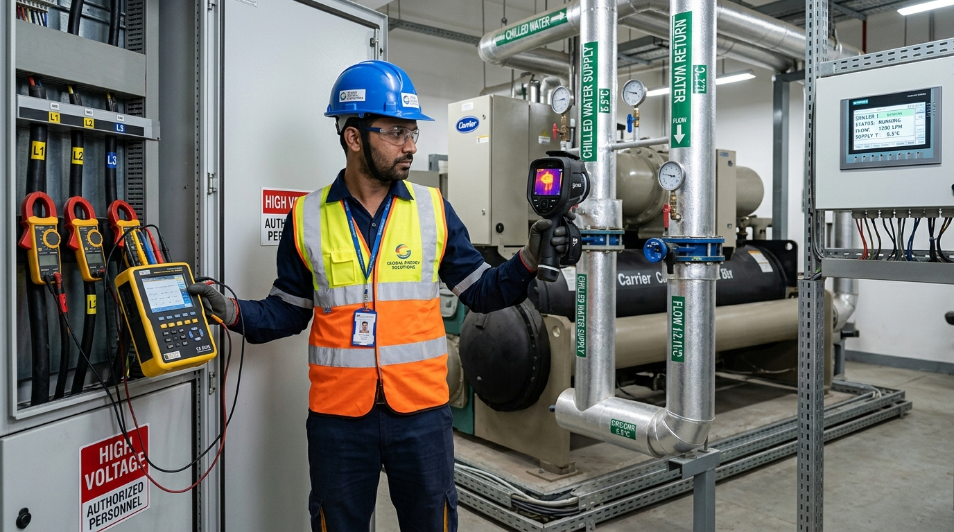 Certified energy auditor in high-visibility safety vest conducting power quality analysis and thermal imaging in a central chiller plant room