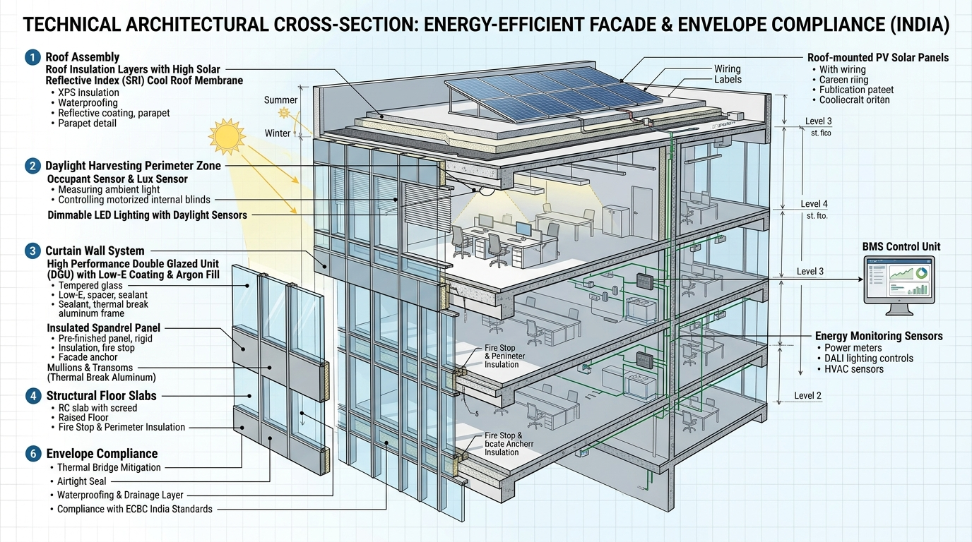 Technical architectural cross-section diagram of energy-efficient commercial building envelope and facade compliance