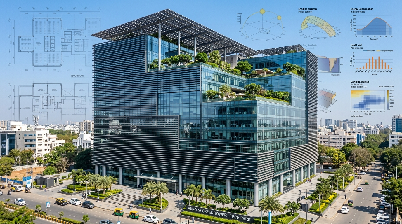 Modern energy-efficient commercial office building in India with rooftop solar PV array and high-performance double glazed facade
