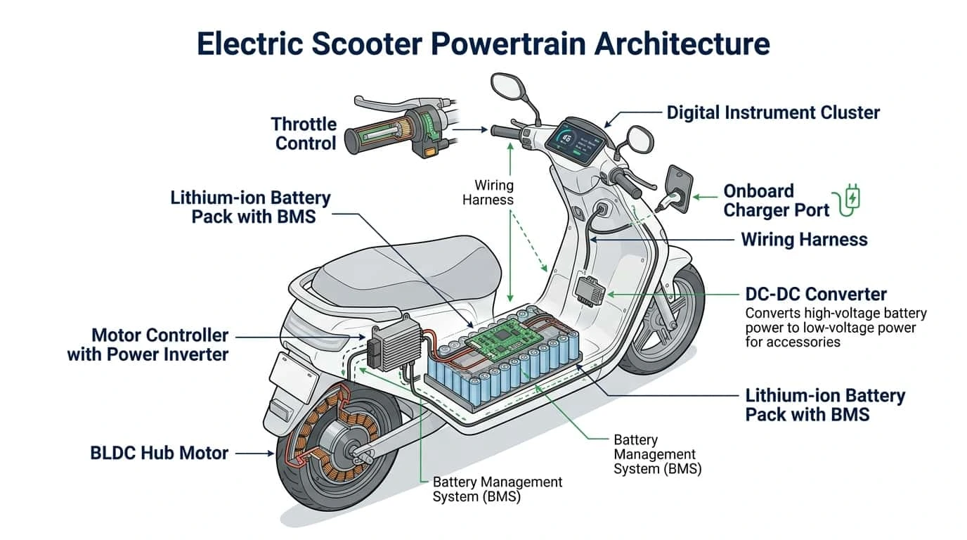 Electric two-wheeler diagnostic workshop in India showing technicians testing battery management system and scooter powertrain