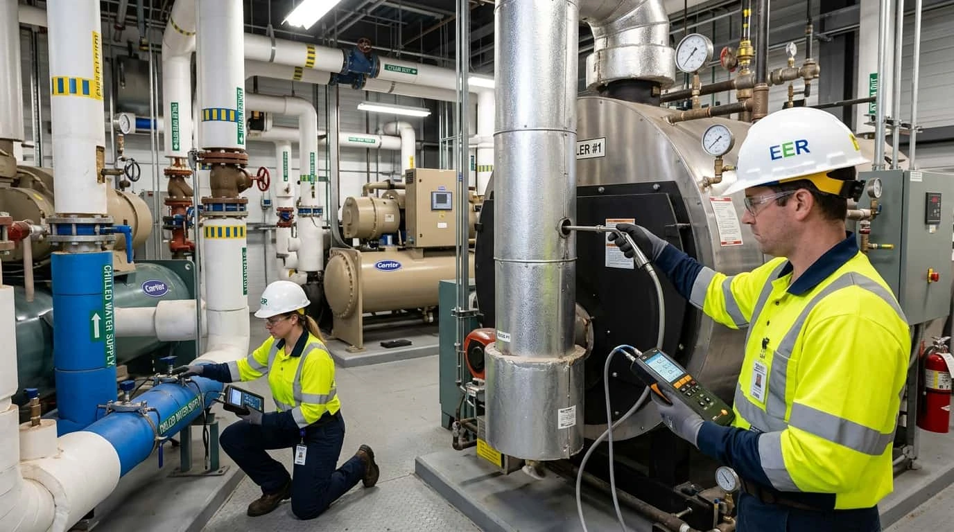 Technicians conducting HVAC chiller and boiler audit with flue gas analyzer and ultrasonic flow meter