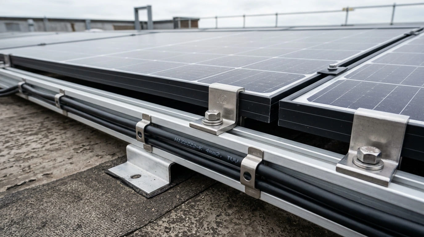 Close-up engineering view of solar PV module mounting structure showing anodized aluminium rails, stainless steel mid clamps, end clamps, and UV-resistant DC cabling neatly clipped