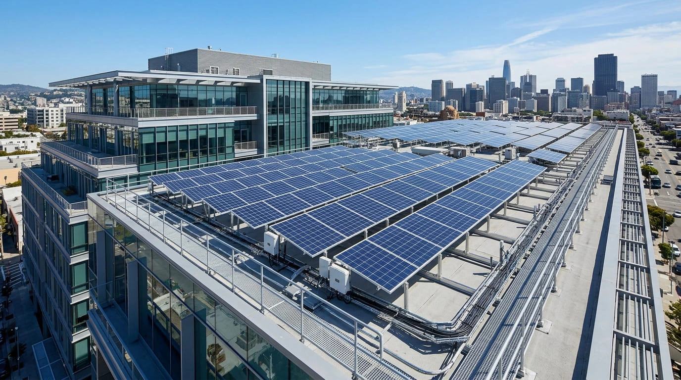 Commercial rooftop solar power plant showing monocrystalline solar PV panels neatly arranged on aluminium mounting structures with tidy cable management