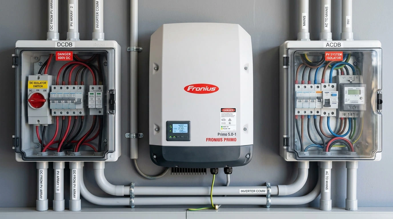 Commercial solar inverter wall installation flanked by a neat DC distribution box (DCDB) with clear isolator switches and an AC distribution box (ACDB) with MCBs and neat conduit wiring