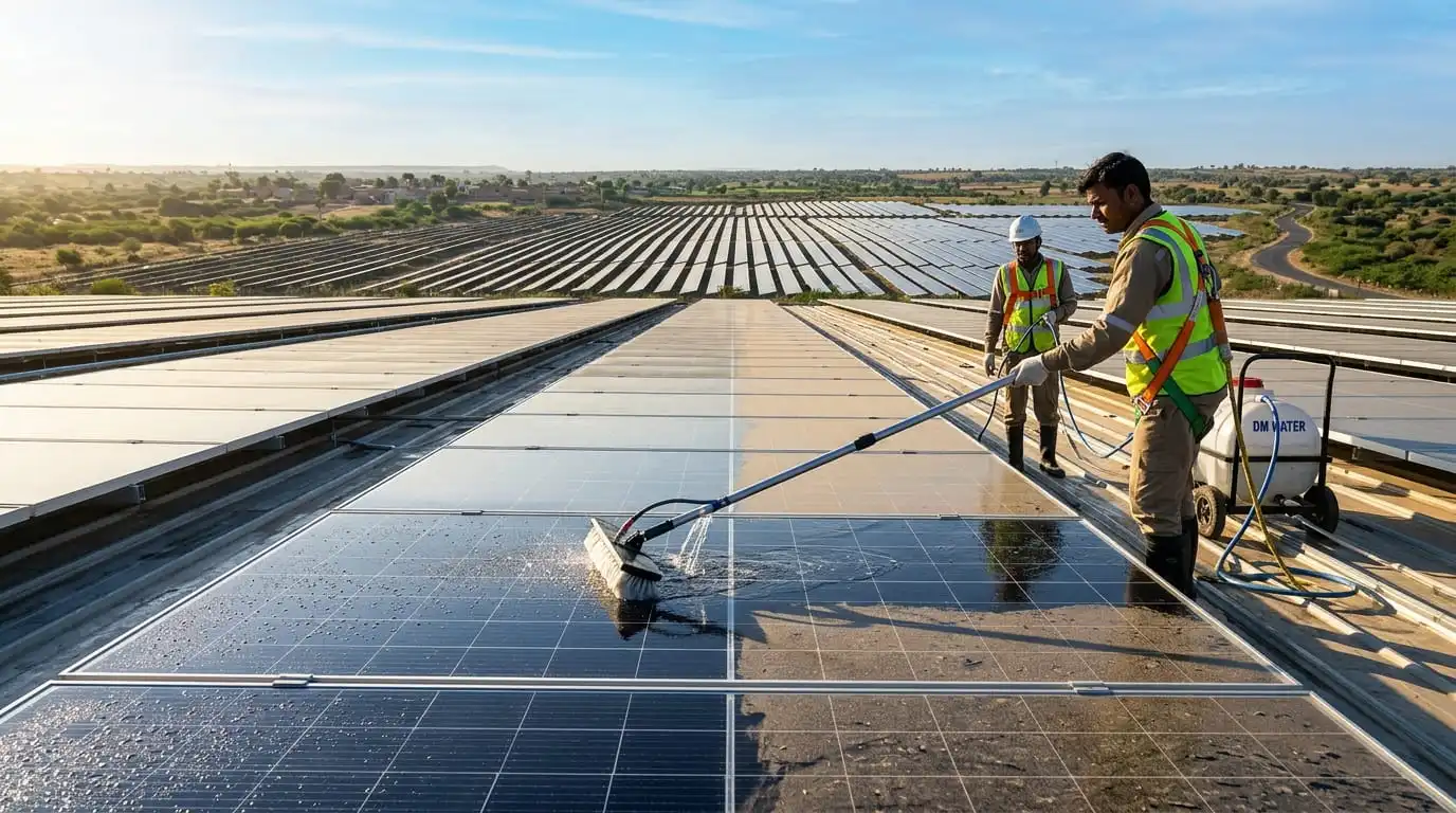 Solar technicians performing module cleaning on commercial solar panels in India using demineralized water and soft rotating brushes