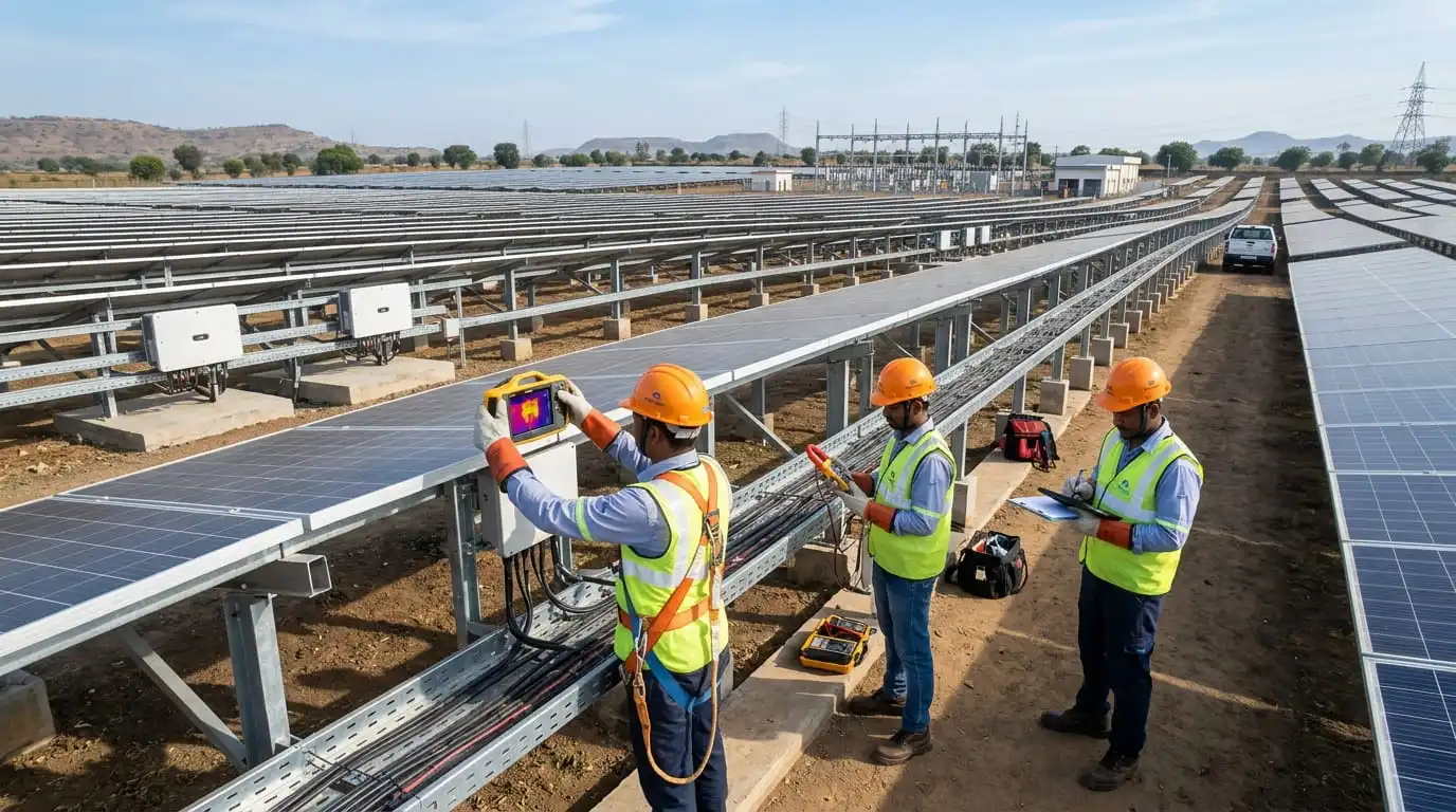 Certified solar O&M engineers conducting string testing and infrared thermography, Solar Power Plant Maintenance on a solar power plant in India