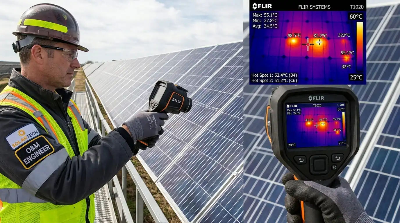 Infrared thermography scan displaying false-color thermal hotspots on solar PV cells compared to normal operating temperatures