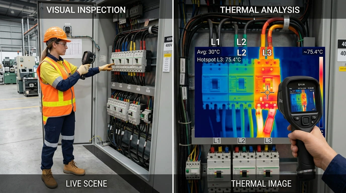 Thermal imaging audit of electrical switchboard showing hotspot phase comparison side by side